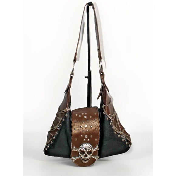 Large Studded Pirate Skull Purse Brown & Black Metal Chains Crossbones Katydid - Picture 1 of 16